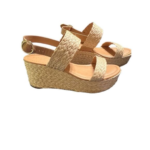 LC Lauren Conrad Tan Straw Ankle Strap Memory Foam Wedge Size 8.5 - Picture 4 of 6
